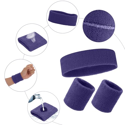Image of Yolev 3Pieces Sweatband Set, Sports Headband and Wristbands, Set of 1 Headband and 2 Wristbands, for Athletic Men and Women, Black and Neon Green, One Size(Purple)