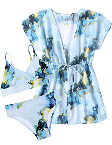 Arshiner Girls Swimsuit 3 Piece Floral Print Bikini Bathing Suit Adjustable Straps Beach Swimwear With Cover Up Water Ripple 7-8 Years #TOP22