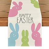 Artoid Mode Cute Rabbit Bunny Happy Easter Table Runner, Spring Summer Seasonal Holiday Kitchen Dining Table Decoration for Indoor Outdoor Home Party Decor 13 x 72 Inch