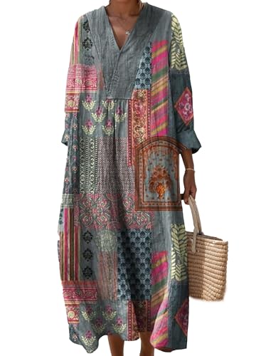 Women's Fall Floral Dress Boho V Neck Long Sleeve Flowy Casual Plus Size Maxi Dress with Pockets