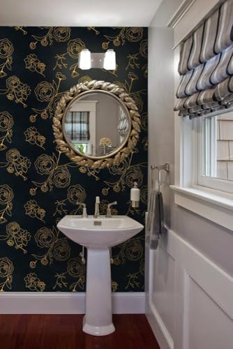 Image of Black and Gold Rose Wallpaper - Self Adhesive Peel and Stick Floral Wall Stickers, Waterproof PVC Vinyl Decorative Paper for Home, Bedroom, Living Room & Furniture (45cm x 300cm)