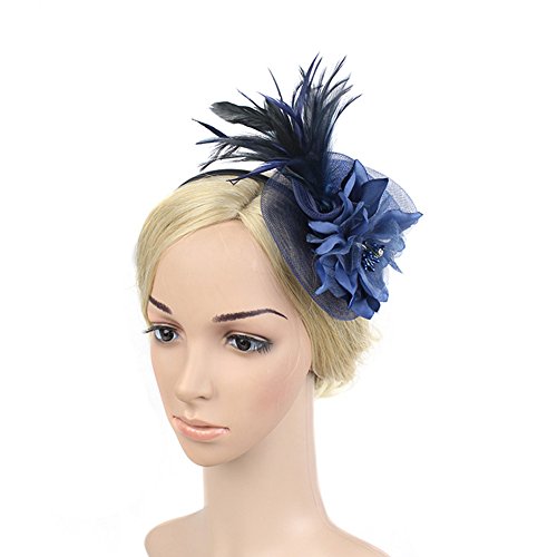 Fascinators Hat for Women Tea Party Headband Kentucky Derby Wedding Flower Mesh Feathers Hair Clip 20s Flapper Headpiece (A9-Blue)