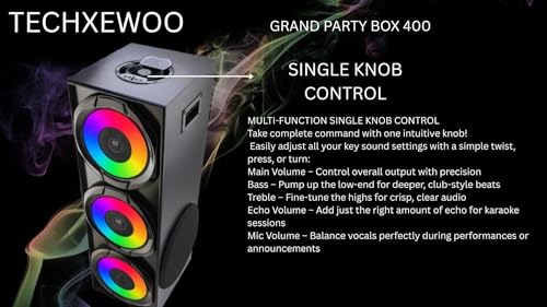 Image of Grand Party Box 400, 250 W Peak Power Home Theater Tower Speaker with Bluetooth 5.0, Powerful 10 inch Woofer, RGB Lightshow, USB /FM /Mic Inputs, 220V