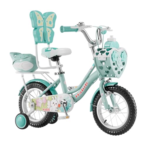 Habib Gruppe Mädchenfahrrad Prinzessin-Edition 14 Zoll | Komplettset mit Korb, Trinkflasche, Schutz-Set & Pumpe | Kinderfahrrad mit Stützrädern & Dual-Bremssystem für Mädchen 3-8 Jahre - (Grün)