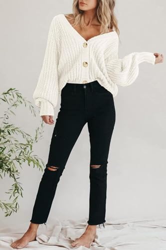 White Cardigan Sweaters for Women Fall Long Sleeve Button Chunky Knitting Cardigan Sweater2