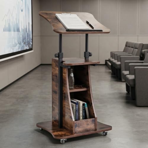 Image of POWERSTONE Sit to Stand Mobile Lectern Teacher Podium Stand Rustic Brown | Rolling Laptop Desk Cart with Storage Shelves, Casters, Swivel Top, Height Adjustable, for Classroom, Concert, Church