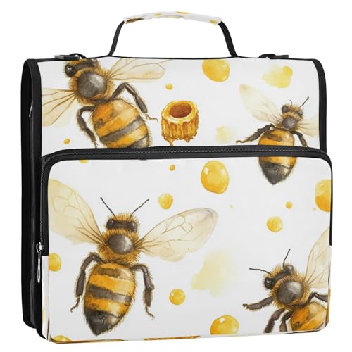 Boccsty Beehive Watercolor Yellow Bees Honey Zipper Binder 3 Ring Binders Expanding File Folder Multi-Pocket Zipper Binder Organizer for School Shoulder Strap and Handle