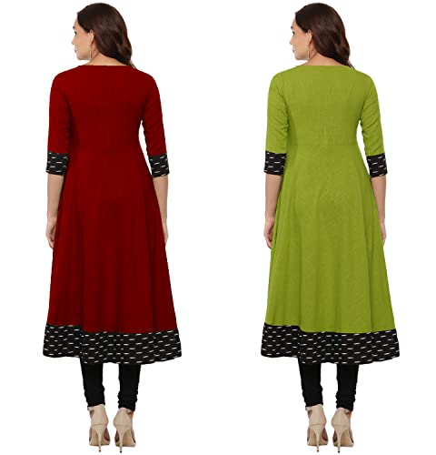 Image of NATEK Plain Cotton New Branded Anarkali Tops Kurtis for Ladies Women - Combo Sets of 2 Maroon, Mehandi Colour Large Size