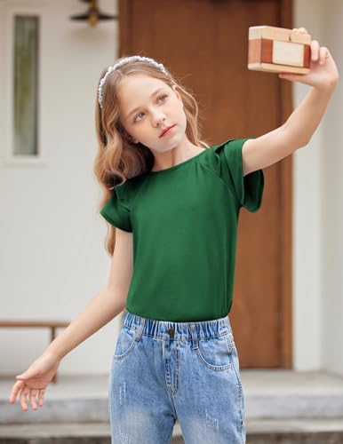 Image of Girls T Shirts Ruffle Short Sleeve Round Neck Loose Blouse Summer Solid Color Casual Girl Tee Tops for 3-12 Years