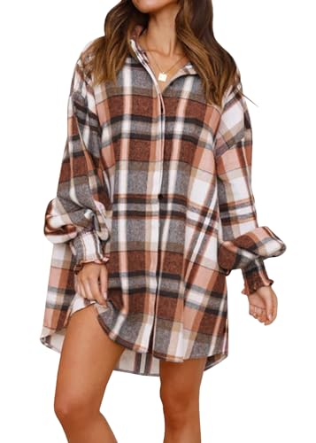 Danedvi Womens Oversized Flannel Plaid Shirts Jacket Ballon Sleeve Button Down Shacket Coats Orange