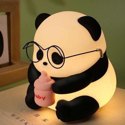 Image of Panda Led Night Light With Glasses And Bottle - Soft Silicone Animal Lamp, Rechargeable And Portable, Ideal For Nursery, Bedside, And Baby Rooms, Gift For Kids, And Baby Showers White