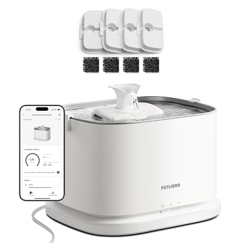Image of PETLIBRO Upgrade Cat Water Fountain + 4 Packs Genuine Cat Fountain Filter Replacement, Dockstream 2 Smart App Monitoring 5G WiFi Auto Cat Fountain Stainless Steel Tray for Drinking, 3L /101oz