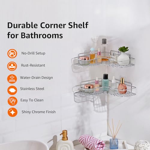 Image of Amazon Basics Self-Adhesive Corner Shelf | No-Drill, Wall-Mounted Organizer for Bathroom, Kitchen & Living Room - Premium Rust Proof GI Metal, 27 x 27 x 6 cm, Chrome, Pack of 2