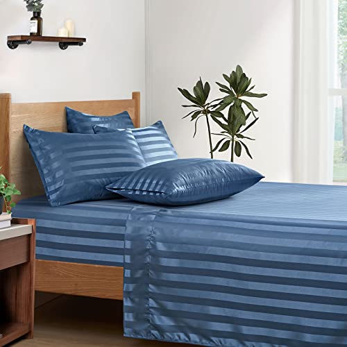 P Pothuiny 6-Piece Satin Sheets Striped Printed, Flint Blue Satin Bed Sheets Luxury Silky Queen Size Bedding Set, 1 Satin Fitted Sheet + 1 Flat Sheet + 4 Pillow Cases #TOP6