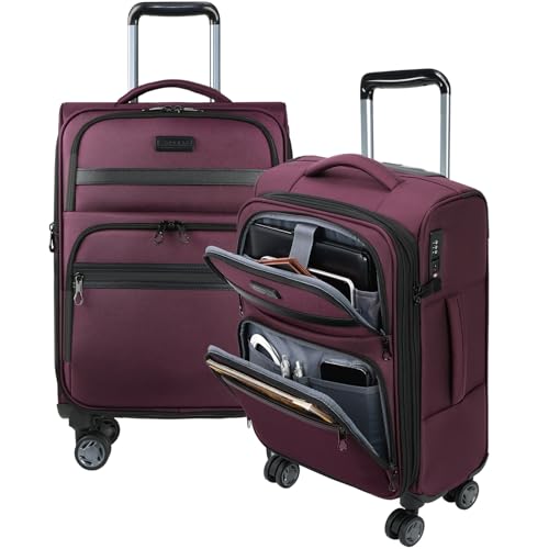 KROSER Softside Expandable Carry On Luggage with Front Business Pockets,20 Inch Suitcases with Spinner Wheels & Built-in TSA Lock, Durable Suitcase Rolling Luggage with USB Port, Burgundy