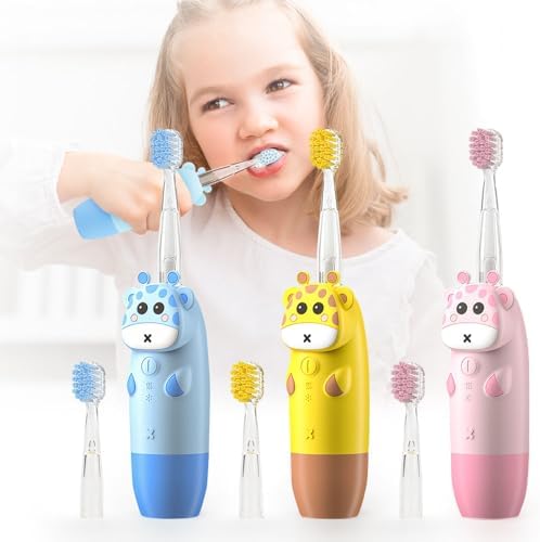 Kids Electric Toothbrush with Cute Cartoon Design, Multi-Color Light Function, Ages 3-8, Includes 2 Replacement Brush Heads and AAA Battery, Battery-Operated (Blue)