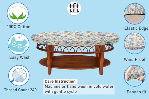 Image of The Furnishing Tree Elastic Cotton Oval Center Table Cover 16x36 in Inches Floral Golden Leaf on offwhite Base