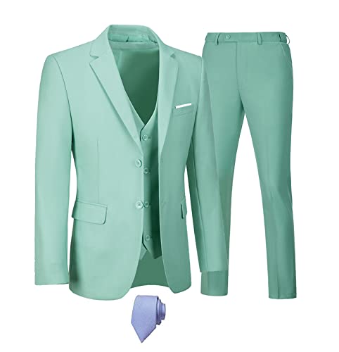 Image of Furuyal Men's Suits 3 Piece Slim Fit Suit Set,Two Button Wedding Business Tuxedo Solid Blazer Jacket Vest Pants with Tie