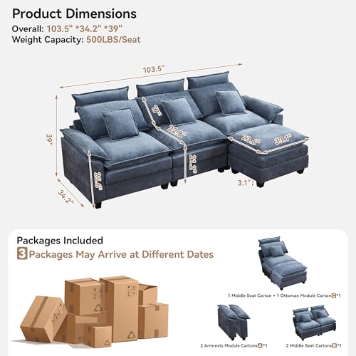Image of 103'' Cloud Modern 3 Seater Couch with Detachable Headrest, Modular Sectional Sofa with Ottoman, Oversized L Shape Chenille Comfy Sofa with Armrests for Living Room, Blue