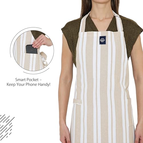 Image of Encasa XO Cotton Cooking kitchen Apron for Women and Men chef apron With adjustable neckstrap, Pocket & Towel Holder for Easy cooking, Baking, BBQ, Gardening- Franca Beige Stripes, 68x85 cm