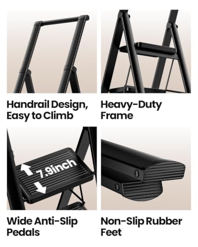 Image of SOLADDER 5 Step Ladder, Folding Step Stool, Lightweight Stepladder, Black | Reach 10ft;Anti-Slip 7.9'' Wide Pedal;Portable Handrail;Space-Saving;For Kitchen, Home, Library, Office Use;300lbs Capacity