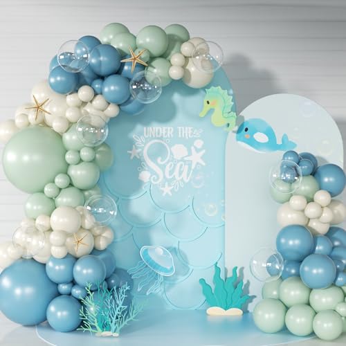 Under the Sea Party Decorations, Dusty Green Blue Under the Sea Balloon Garland Arch Kit, Ocean Themed Party Decorations Baby Shower Birthday Party Decor(136Pcs)