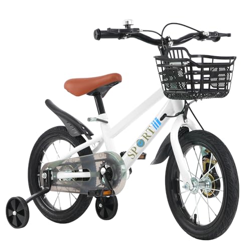 Supfine Bicicleta infantil con cesta para niños de 5 a 7 años, 16 pulgadas, con campana y estabilizadores (blanco y negro – Modelo B, 16 pulgadas)