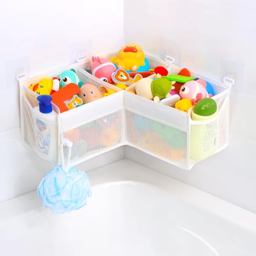 Image of KPH Corner Bath Toy Organizer - Space-Saving 3-Compartment Bath Toy Storage, Mesh Bathroom Toy Holder for Kids, Durable Bathtub Organizer with Drain Holes