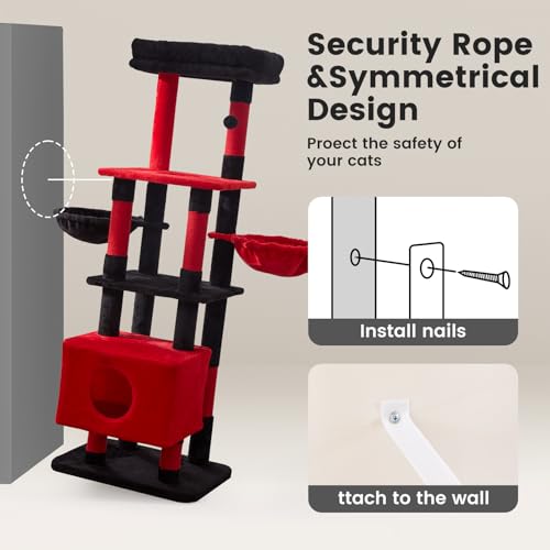 Image of Gardner Pet 65in Heavy Duty Cat Tree Tower for Large Cats, Multi-Level Cat Furniture with Replaceable Sisal Scratching Post, Hammock | Extra-Large Platform & Condo (Black Red, Basic φ:2.84 inch)