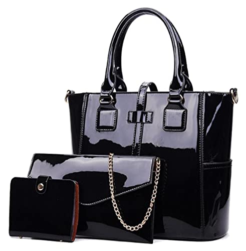 Bolsa de ombro feminina Yan Show de couro envernizado, 3 peças, bolsa de mão de grande capacidade, Preto, One Size
