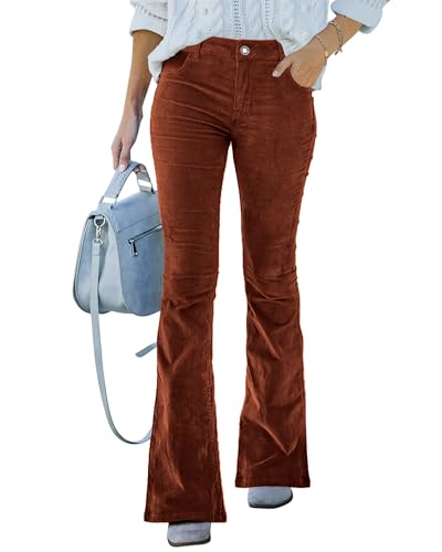 Corduroy Pants for Women High Waist Flare Pants Vintage Baggy Wide Leg Bell Bottom Trousers Pants with Pockets Brown