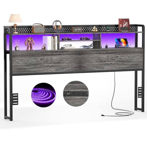 Unikito Headboard for King Size Bed with Storage Shelf, Head Board with 3 Outlets and 2 USB Ports, Headboards with RGB LED Light, Height Adjustable, Sturdy and Stable, Easy Assembly, Black Oak