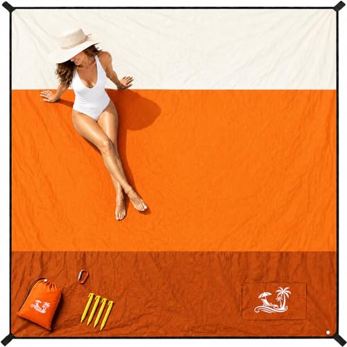 SOLNERY Large Beach Blanket Sand Proof Water Resistant, Beach Mat Sand Free Waterproof, Windproof, Stylish & Skin-Friendly, 10 x 9.5 ft, Fits 1–10 People, for Seaside, Picnic & Outdoor (Sunset Orange) by Solnery - Used condition - CA$33.48