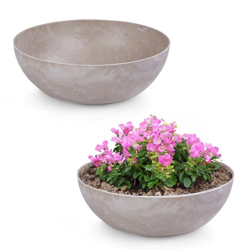 matches21 - Vaso per piante da esterno, 2 grandi ciotole decorative vintage, color sabbia, colore beige, marmorizzato come vaso da fiori, 37 x 10,5 cm, come abbeveratoio da giardino, balcone o