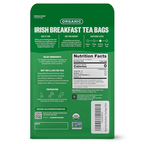 Image of FGO Organic Irish Breakfast Tea, 20 Count, Eco-Conscious Tea Bags (Pack of 1)