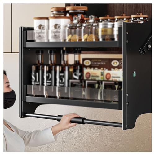 プルダウンシェルフオーガナイザー、引き出し式スパイスオーガナイザー、頑丈な棚リフティングバスケット、キッチンバスルーム家庭用品用(Black,700mm Cabinet)