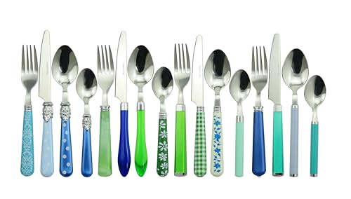 Image of Gypsy Color Eclectic Blue & Green Mix & Match Stainless Steel Flatware Collection, Set of 16