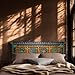 VUTERNA WOOD Moroccan Hand-Carved Wooden Headboard, Turquoise and Gold Mandala Design, King Size