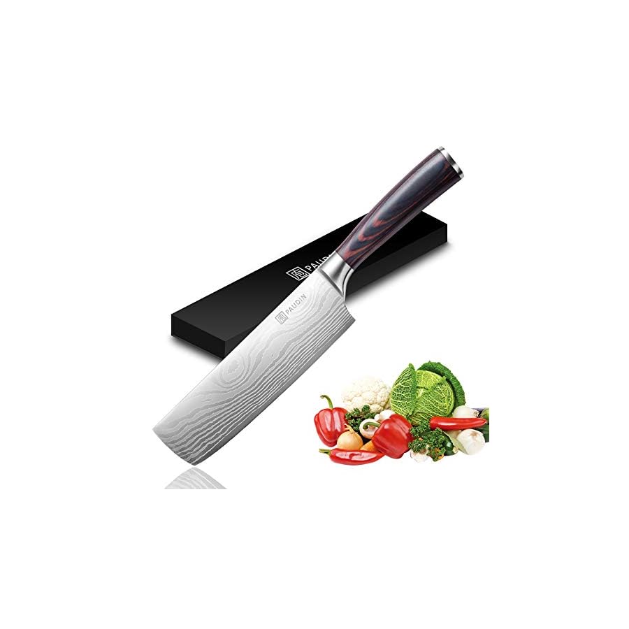 PAUDIN-Nakiri-Knife-Razor-Sharp-Meat-Cleaver-7-inch-High-Carbon-Stainless-Steel-Vegetable-Kitchen-Knife-Multipurpose-Asian-Chef-Knife-for-Home-and-Kitchen-with-Ergonomic-Handle PAUDIN Nakiri Knife - 7" Razor Sharp Meat Cleaver and Vegetable Kitchen Knife, High Carbon Stainless Steel, Multipurpose Asian Chef Knife for Home and Kitchen with Ergonomic Handle