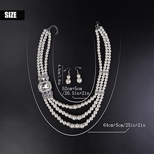 Aimimier 1920S 3-Strand White Faux Pearl Necklace And Dangle Earrings Set With Crystal And Rhinestone Long Pearl Necklace Statement Women Jewelry #TOP3