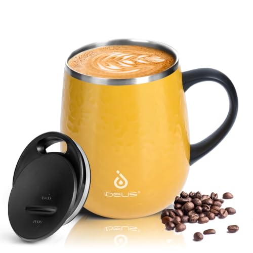 Ideus 16 oz Insulated Coffee Mug with Lid and Handle (Leopard Yellow 1.0)