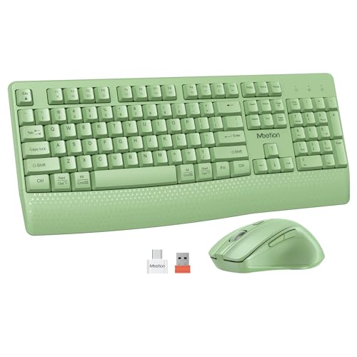 MEETION Green Wireless Keyboard and Mouse Full-Sized Cordless Keyboard with Wrist Rest 3 DPI Adjustable Mouse 2.4GHz USB-A Receiver Computer Keyboard for PC/Computer/Laptop/Windows/Mac