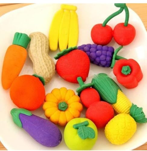Image of 12 Pcs Fruit Shaped Rubber Eraser Set Box - School & Artist Eraser - Multi-Colored Designer Gift Set (QW1)