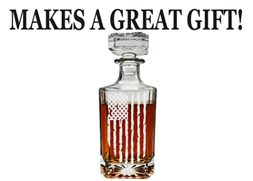 Tattered Worn American US Flag USA Patriotic Whiskey Decanter With Airtight Glass Stopper Custom Gift For Men Dad Veteran Father\'s Day