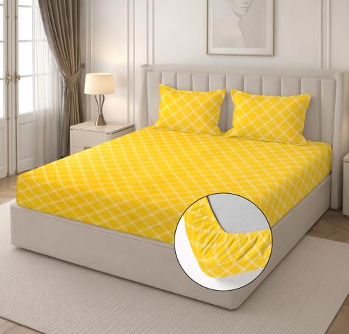 Image of RD TREND Waterproof Fitted Bedsheet for King Size Bed (78x72x8 Inches) | Ultra-Soft Glace Cotton Elastic Sheet with 2 Pillow Covers (18x28 Inches) (Yellow Check)