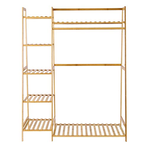 Duseedik Bamboo Wood Garment Rack, 6 Tier Clothing Hanging Storage Shelves Rack with Side Hooks for Cloth Shoe Coat Storage Organizer Shelf (Bamboo Garment Rack)