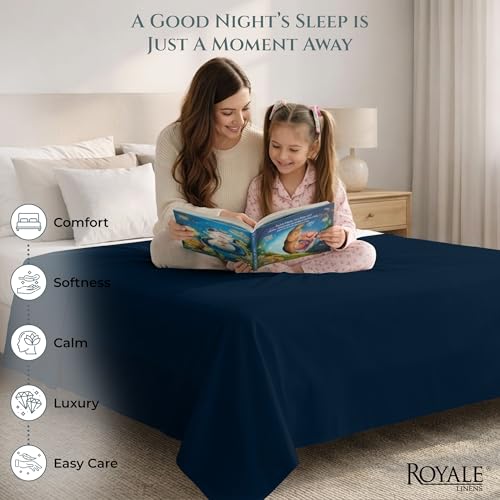 Image of Royale Linen 400 Thread Count 100% Cotton Flat Sheets Only - Cooling Sheets - King Flat Bed Sheets Sold Separately - Luxury Sateen Weave - Breathable & Super Soft Top Sheet Only (King, Rivera Navy)