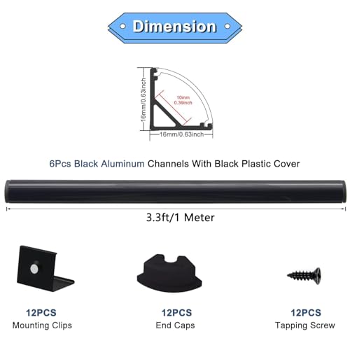 Image of VST 6pack 3.3 ft LED Channel, V Shape Led Diffuser Channel, LED Aluminum Channel System with Black Cover, End Caps and Mounting Clips, Aluminum Profile for LED Strip Light Home Decoration