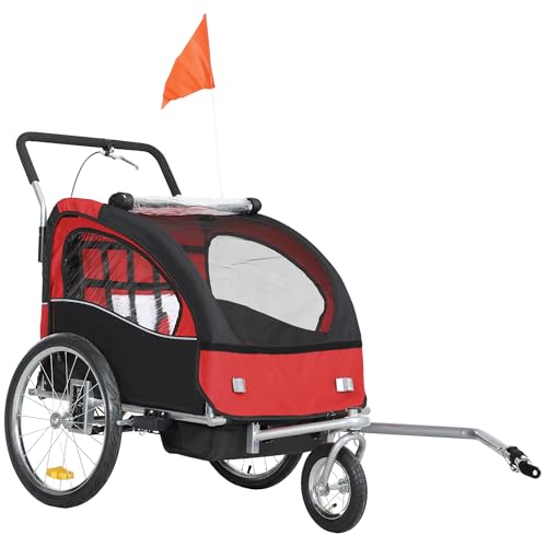 Aosom Elite 360 Swivel Bike Trailer for Kids Double Child Two-Wheel Bicycle Cargo Trailer with 2 Security Harnesses, Red