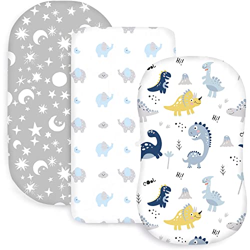 Image of Plushii Bassinet Sheets for Baby Boys 3 Pack, 32"x 16" Extra Soft Microfiber Bassinet Sheet Universal for Oval Rectangle and Hourglass Bassinet Mattress, Dinosaur & Blue Elephant & Stars